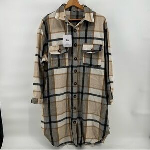 Skikyan Flannel Shacket Womens XL Plaid Long Cabincore Button Up Cozy Rustic NEW